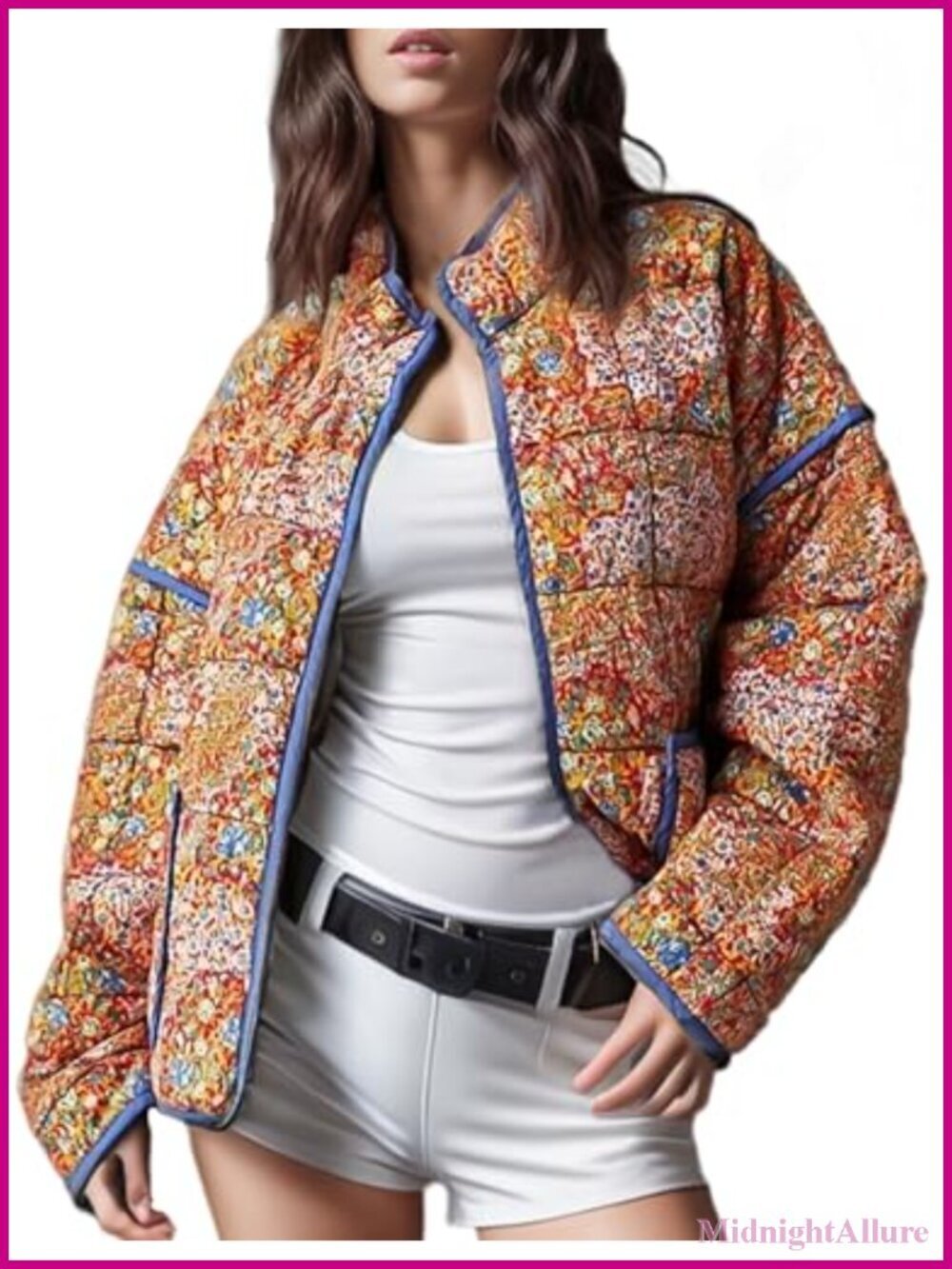 Cropped Puffer Quilted Jacket Vintage Floral Print Open Front Lightweight Short
